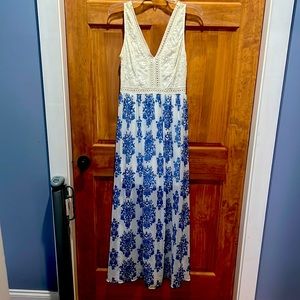 maxi dress with white lace, sleeveless top and long sheer skirt